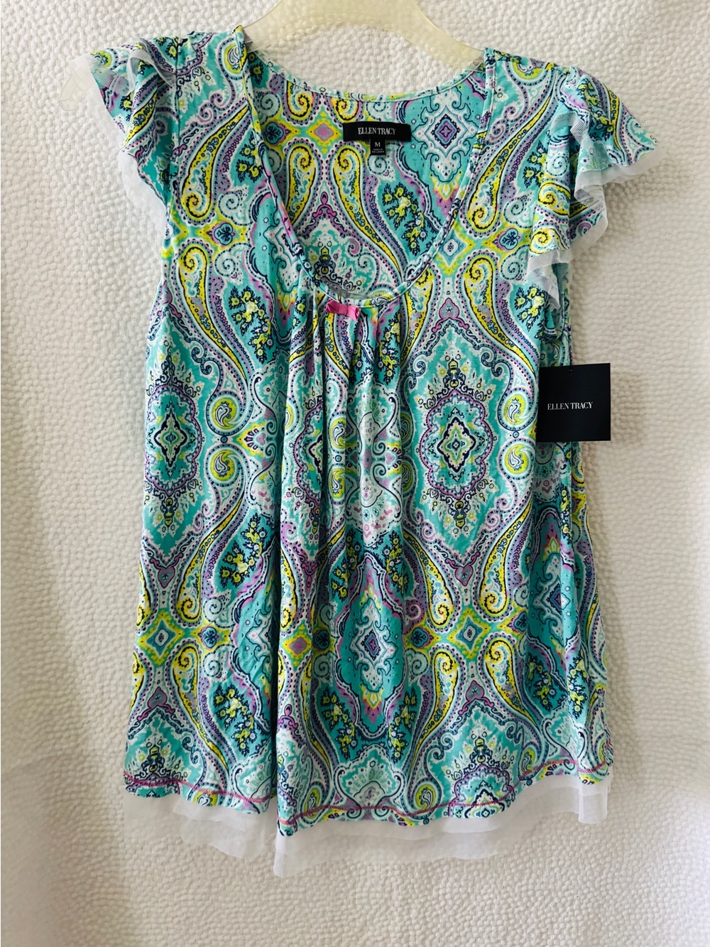 Ellen Tracy Turquoise Paisley Flutter-Sleeve Nightshirt